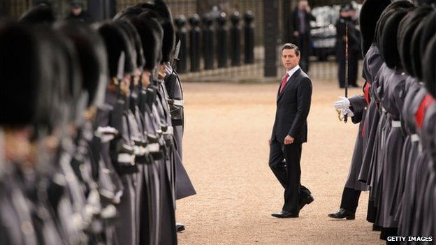 Mexican President Enrique Pena Nieto inspects soldiers at Horse Guards Parade