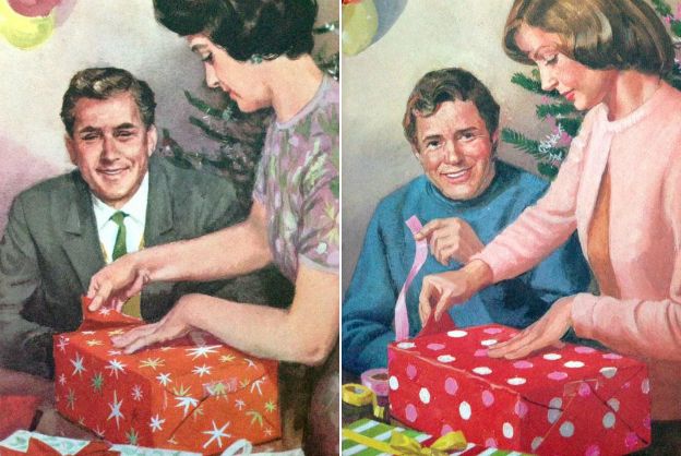 Mummy wrapping a present in 1964 and 1976