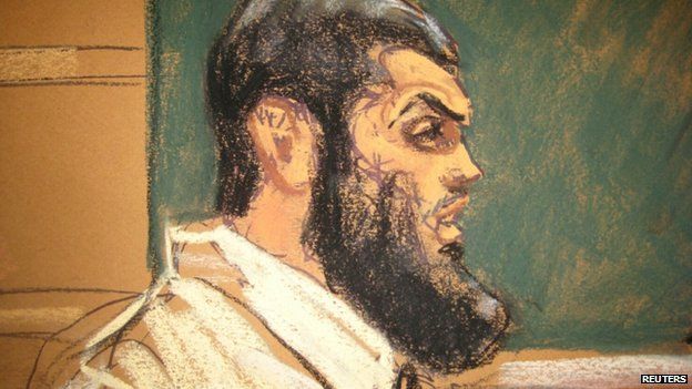 Abid Naseer, 28, makes opening statements on the first day of his trial in Brooklyn, New York as seen in a courtroom sketch 17 February 2015