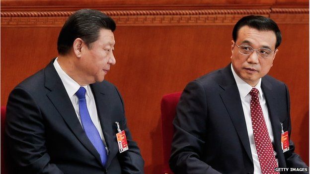 Chinese President Xi Jinping (L) with Chinese Premier Li Keqiang at the opening of the 3rd Session of the 12th National People's Congress at the Great Hall of the People on 5 March 2015 in Beijing, China