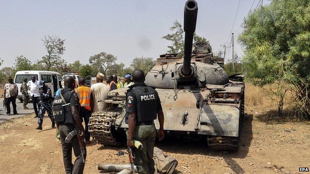Tank used by Boko Haram captured by Nigerian troops at Uba. 1 March 2015