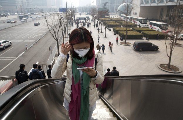 A woman wears a mask during a day of heavy pollution in Beijing, 7 March