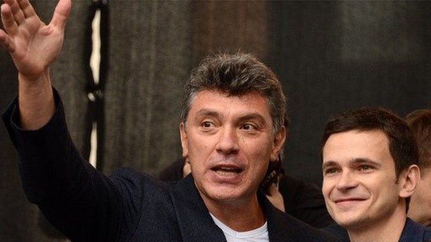 Boris Nemtsov and Ilya Yashin at an anti-Putin rally on 15 September 2015