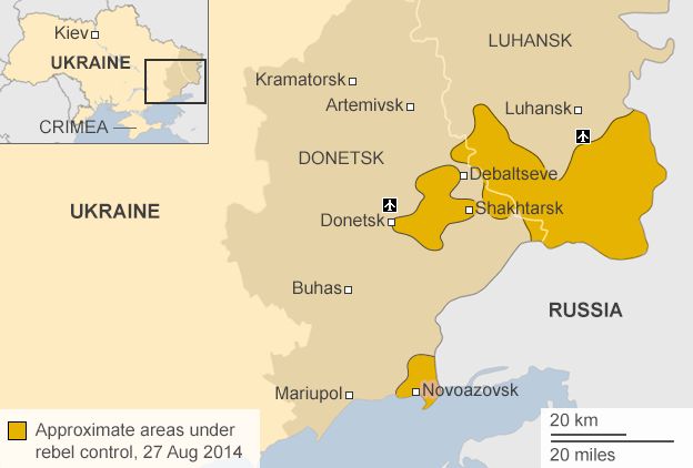 Map showing the battle lines in eastern Ukraine 27 August 2014
