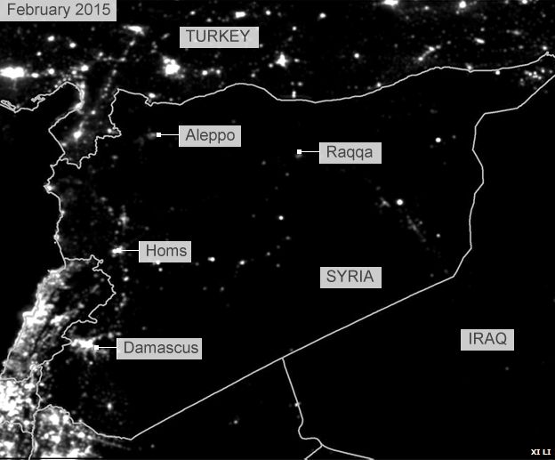 Lights visible over Syria at night in February 2015