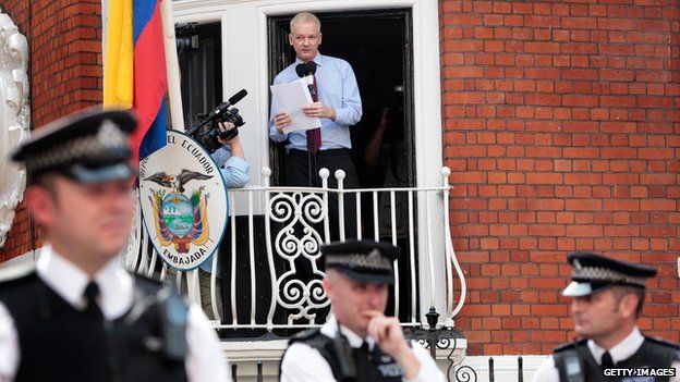 Julian Assange gives a speech from a balcony at the Ecuadorean embassy, August 2012