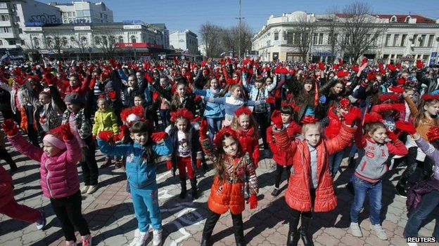 Children take part in event marking annexation of Crimea by Russia in Simferopol. 14 March 2015