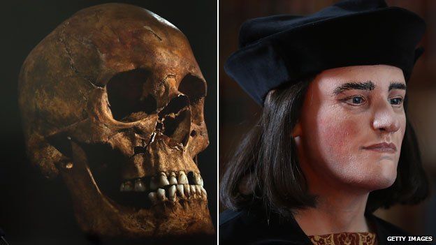 Richard III skull next to facial reconstruction