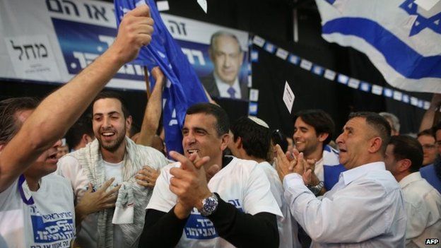 Israeli Likud party supporters react to the exit polls while they wait for the announcement of the first official results of Israel's parliamentary elections at the party's headquarters in the city of Tel Aviv, 17 March 2015