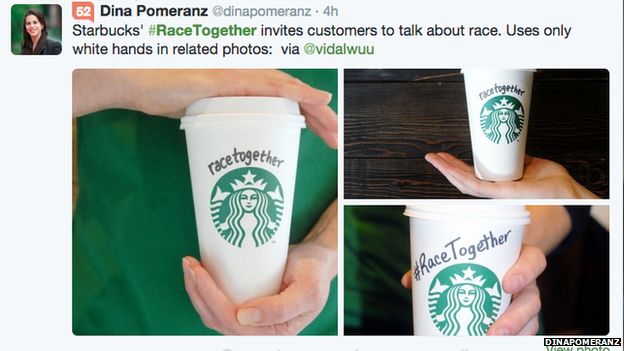 Tweet of pictures of white hands holding 'race together' Starbuck cups