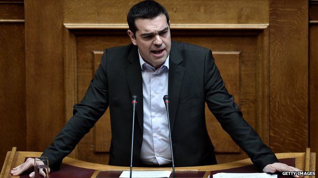 Greek Prime Minister Alexis Tsipras addressing parliament on March 18, 2015