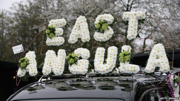 A floral display spelling out East Angula and Jade Goody's funeral