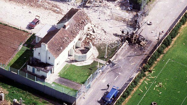 An aerial view of the aftermath of the IRA ambush at Loughgall RUC station in 1987