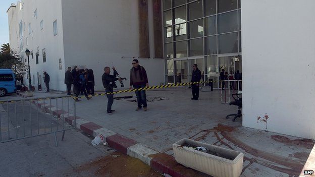 Blood stains on the ground near the entrance to the museum. 19 March 2015
