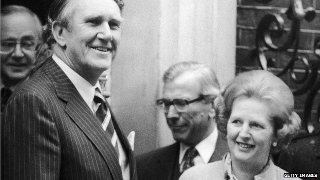 British Prime Minister Margaret Thatcher greeting her Australian counterpart Malcolm Fraser at Downing Street where they are meeting to discuss the Russian invasion of Afghanistan, 4 February 1980