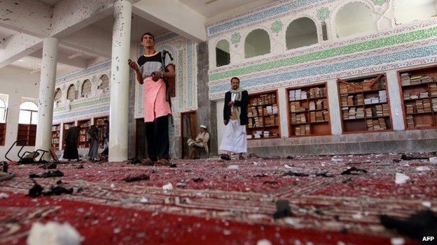 Aftermath of suicide bomb attack at a mosque in Sanaa, Yemen (20 March 2015)