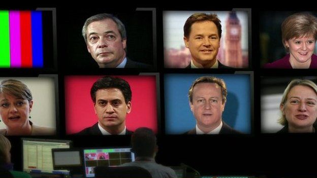 TV gallery with pictures of seven leaders
