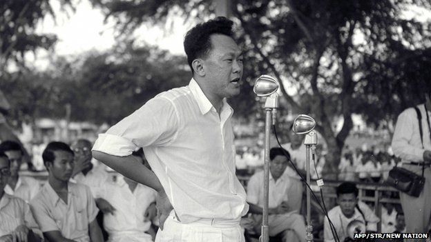 Singapore's first Prime Minister Lee Kuan Yew speaks during a rally at Farrer park in Singapore on 15 August 1955