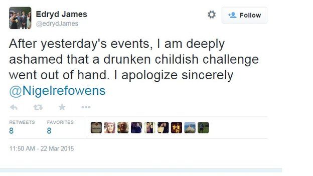 Twitter user Edryd James apologises for Nigel Owens tweet