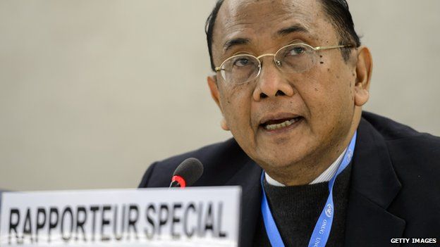 Special rapporteur on Gaza and the West Bank, Makarim Wibisono of Indonesia delivers a speech during the Human RightsCouncil session on March 23, 2015 in Geneva