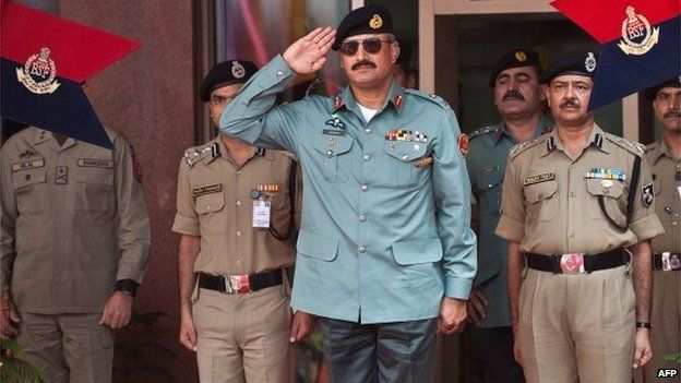 Director General of Pakistani Rangers (Sindh) Karachi, Major General Rizwan Akhtar (C) salutes during a guard of honor prior to a meeting at India's Border Security Force (BSF) headquarters in New Delhi on July 2, 2012.