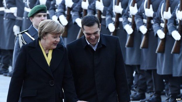 Angela Merkel and Alexis Tsipras taking a military guard of honour in Berlin, 23 March 2015
