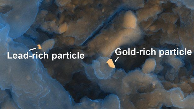 Gold and lead rich particles in human waste