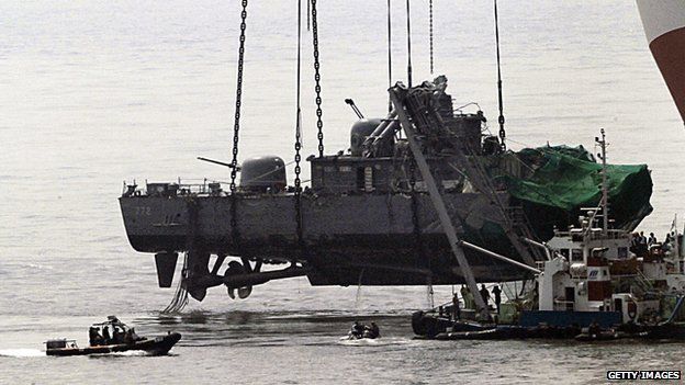 Part of the Cheonan is recovered from the sea on 15 April 2010