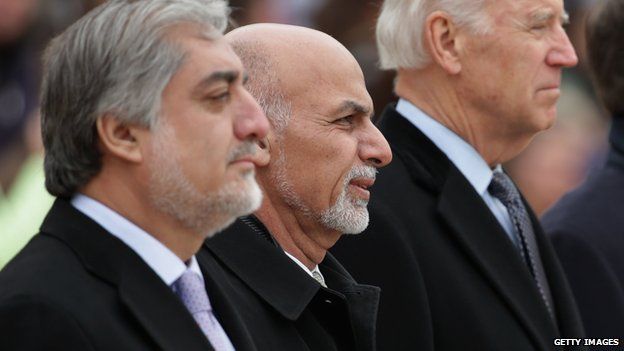 Abdullah Abdullah (L), Ashraf Ghani (C) and Joe Biden (R)