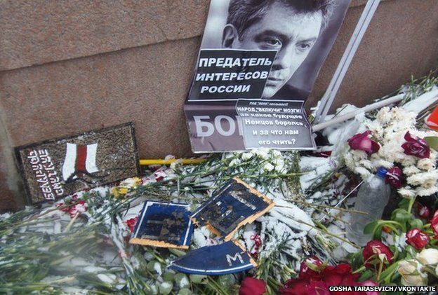 Image taken from social media, posted by SERB member Gosha Tarasevich on VKontakte, shows damaged tributes to Boris Nemtsov