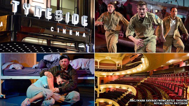 Clockwise from top left: Tyneside Cinema, Catch-22 at Northern Stage, Theatre Royal Newcastle, Wet House at Live Theatre