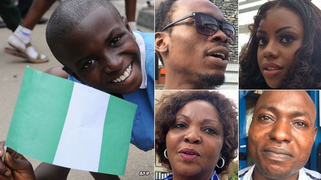 Left: A boy holding a Nigerian flag R: Residents of Lagos