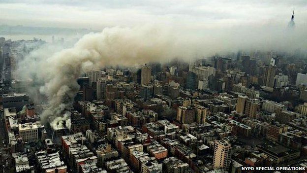 Smoke billows in this aerial photo