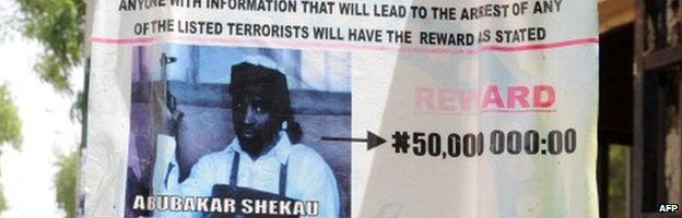Wanted poster for Boko Haram leader Abubakar Shekau in Maiduguri, Nigeria - May 2013