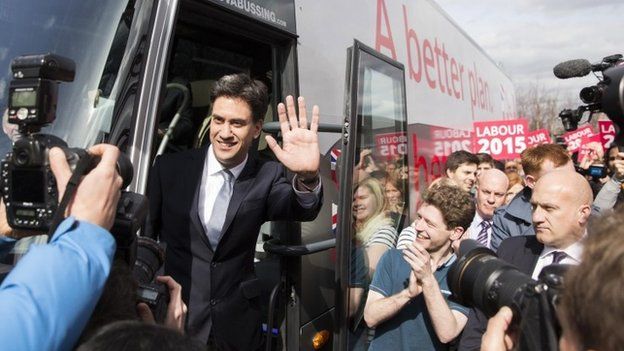 Ed Miliband boards Labour's election battle bus after launching his party's campaign