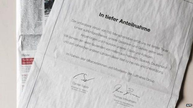 Lufthansa and Germanwings took out full-page condolence notices in German newspapers, 28 March