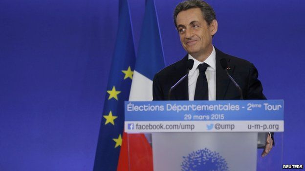 Nicolas Sarkozy, conservative UMP political party leader and former French president, attends a news conference after the close of polls in France's second round Departmental elections