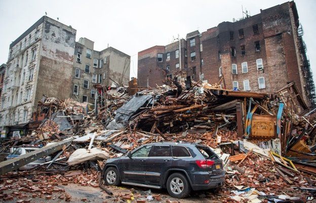 A pile of debris remains at the site of a building explosion in the East Village neighbourhood of New York