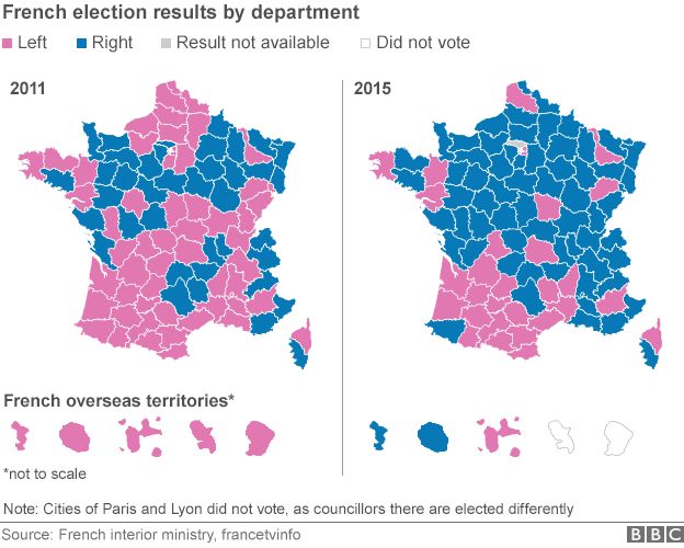 Two maps of France showing local election results in 2011 and 2015