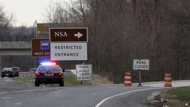 A State Police vehicle blocks an entrance to the NSA on 30 March 2015