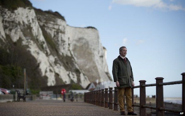 Nigel Farage stands in front of the cliffs of Dover