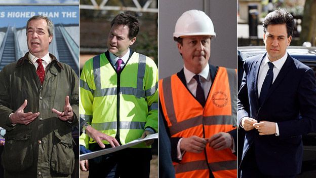 Composite photo of Nigel Farage, Nick Clegg, David Cameron and Ed Miliband