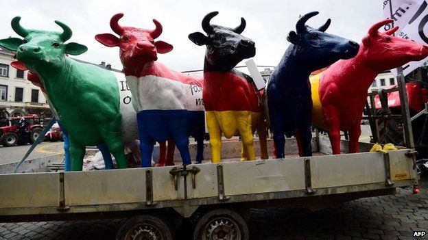 Models of cows at farmers' protest