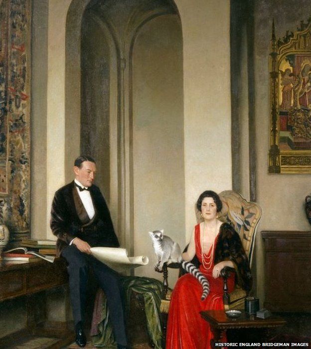 Painting of Stephen Courtauld and his wife Virginia pictured with their pet lemur Mah Jongg in their home in Grosvenor Square, London