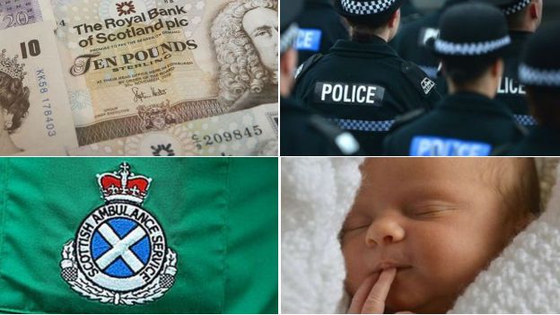 banknotes, police officers, scottish ambulance service badge and baby