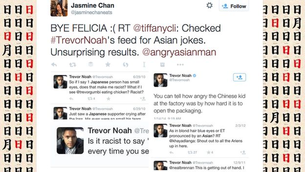 Checked TreverNoah's feed for Asian jokes, Unsurprising results.