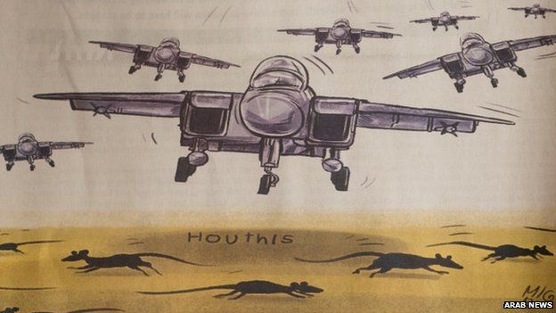 Cartoon from Arab News showing Saudi jets targeting Houthi rebels, portrayed as rats