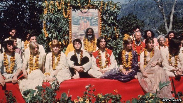 The Beatles and their wives at the Rishikesh in India with the Maharishi Mahesh Yogi, March 1968. The group includes Ringo Starr, Maureen Starkey, Jane Asher, Paul McCartney, George Harrison (1943 - 2001), Patti Boyd, Cynthia Lennon, John Lennon