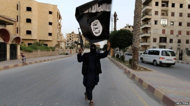 A member loyal to IS waves a flag in Iraq on 29 June 2014.
