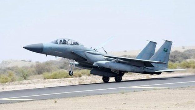 A jet takes off to participate in the Saudi-led air strikes on Yemen